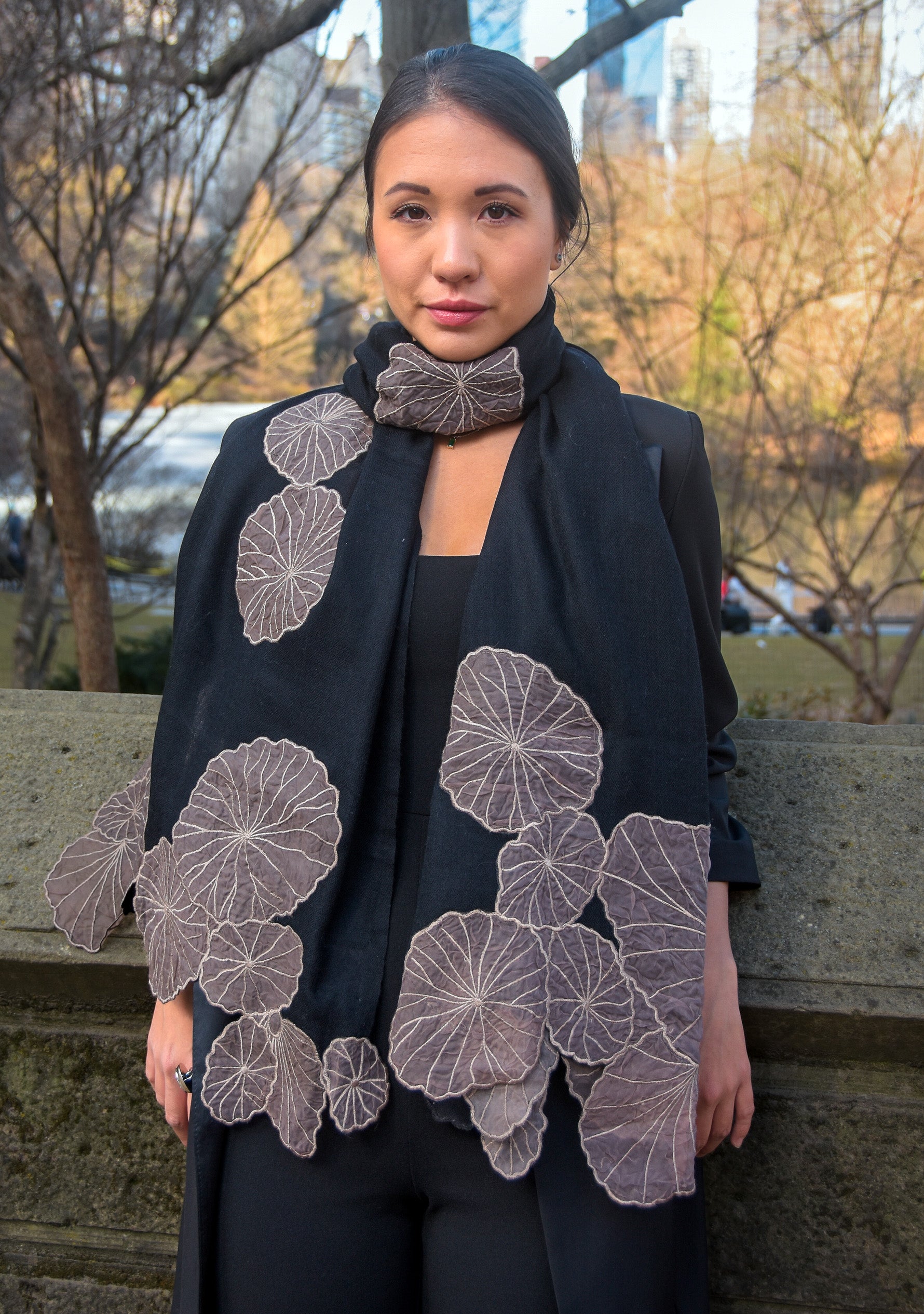 Black Cashmere Scarf
Taupe Appliqués